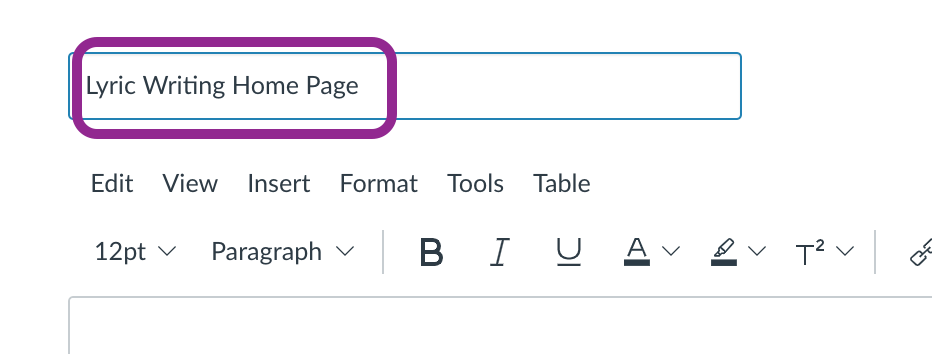 Lyric Writing Home Page typed into the Canvas page editor title field.