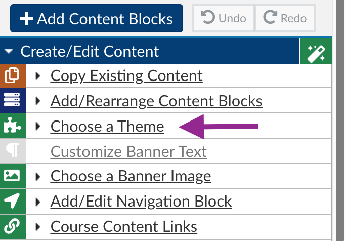 Choose a theme link in the Create/Edit content menu