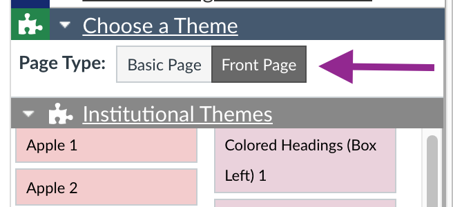 Page type options are “basic page” and “front page.”