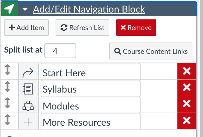 Options in the Add/Edit Navigation Block editor