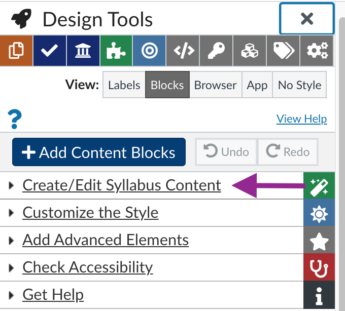 create/edit syllabus content option in the design tools menu