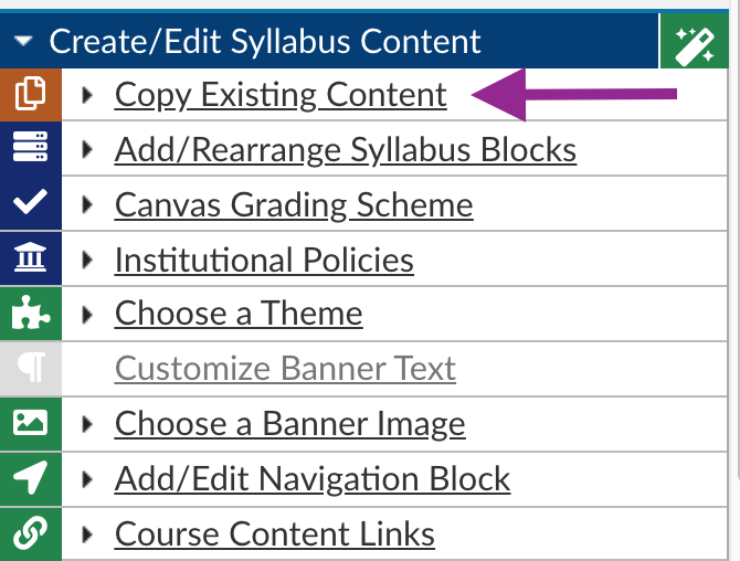 copy existing content option in the create/edit syllabus content menu