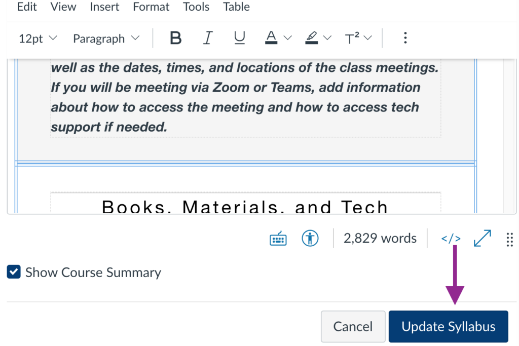 Update the syllabus button at the bottom of the syllabus page in edit mode.