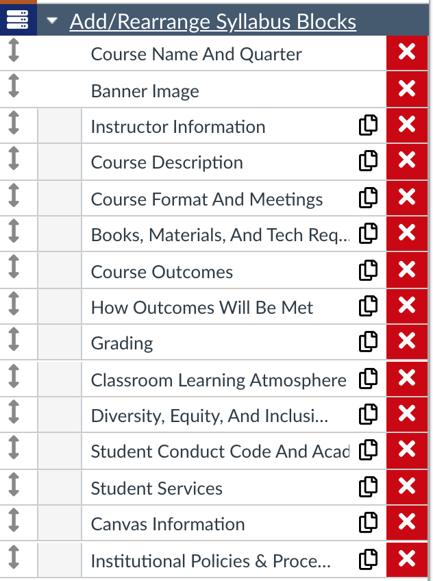 syllabus content block list with options to reorder or delete the clocks