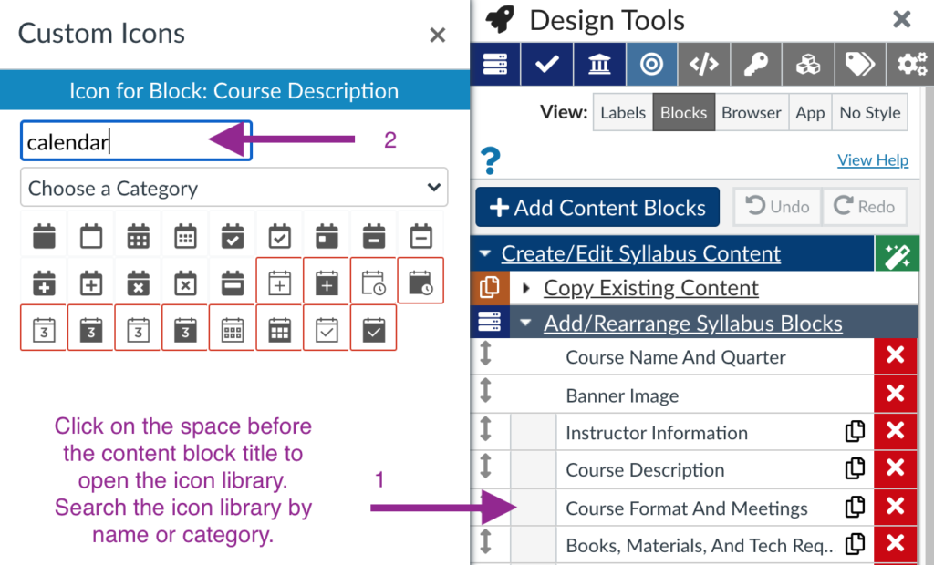 the icon library pop up window in design tools available from the content blocks window