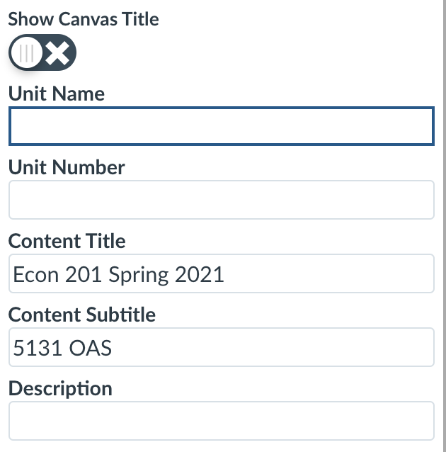 text fields in the banner text editor are unit name, unit number, content title, content subtitle, and description