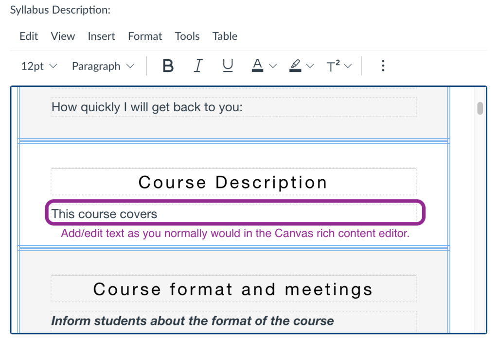 edit screen on the syllabus page