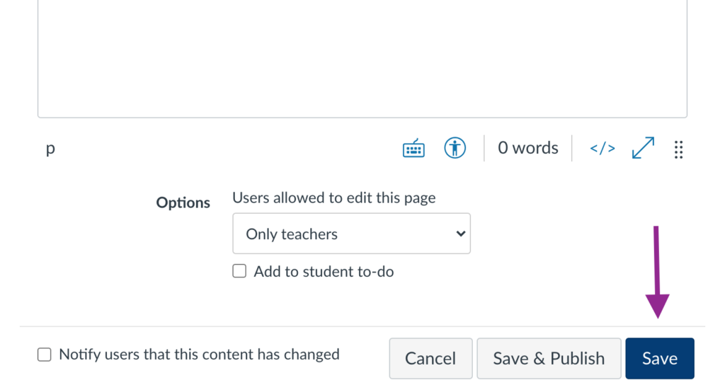 save option on the page editor screen