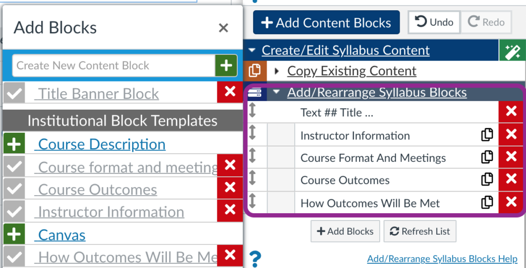 add/rearrange syllabus blocks section of the Design Tools editor