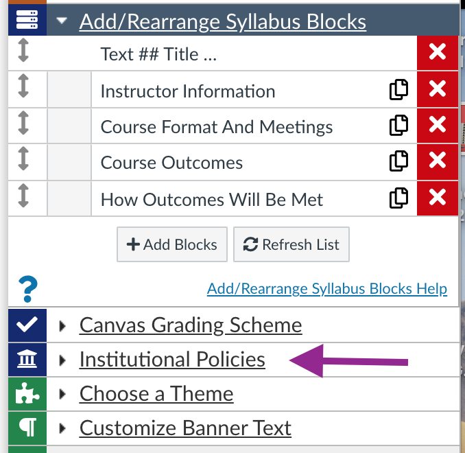 add the institutional policies option in the Design Tool editor