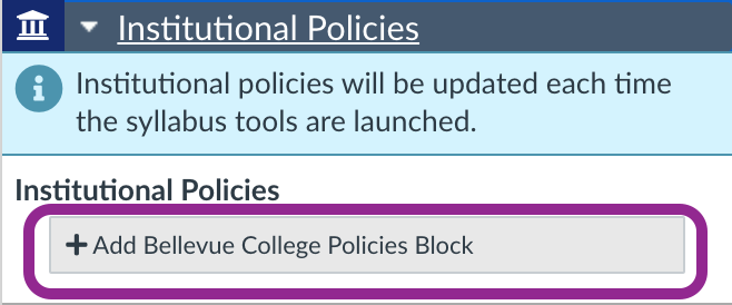 add the Bellevue College Policies block option in the Design Tools editor