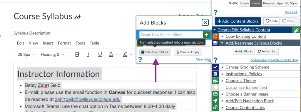 selection to block option in the Design Tools editor