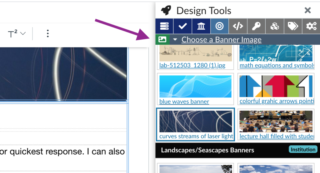 banner image options in the Design Tools editor