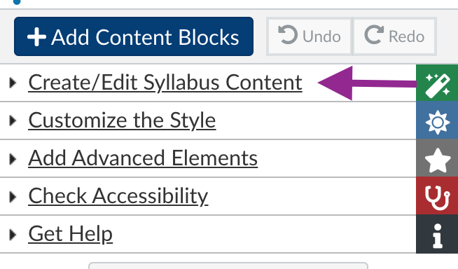 create/edit syllabus content link in the design tools editor