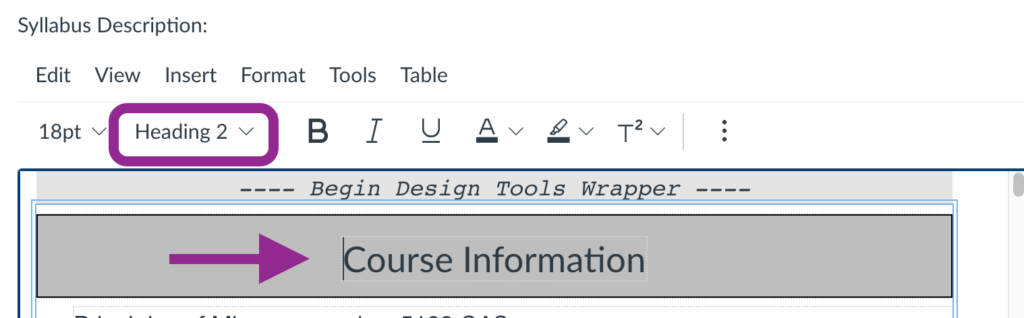 heading level indicator in the rich content editor toolbar in Canvas