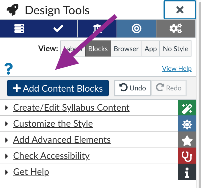 add content blocks option in the design tools menu