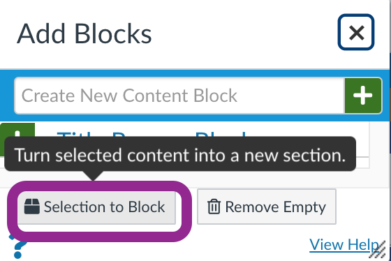 selection to block option in the add content blocks menu