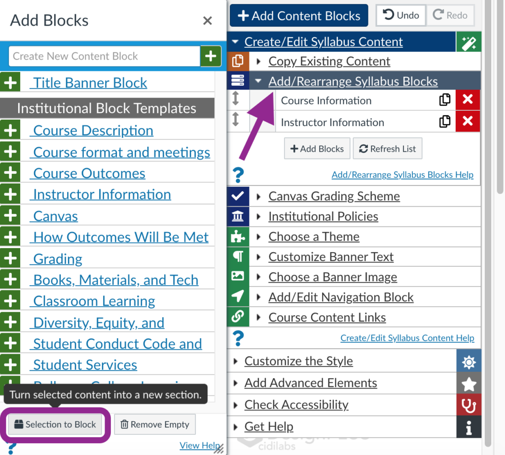 selection to block option in the add/edit content blocks option