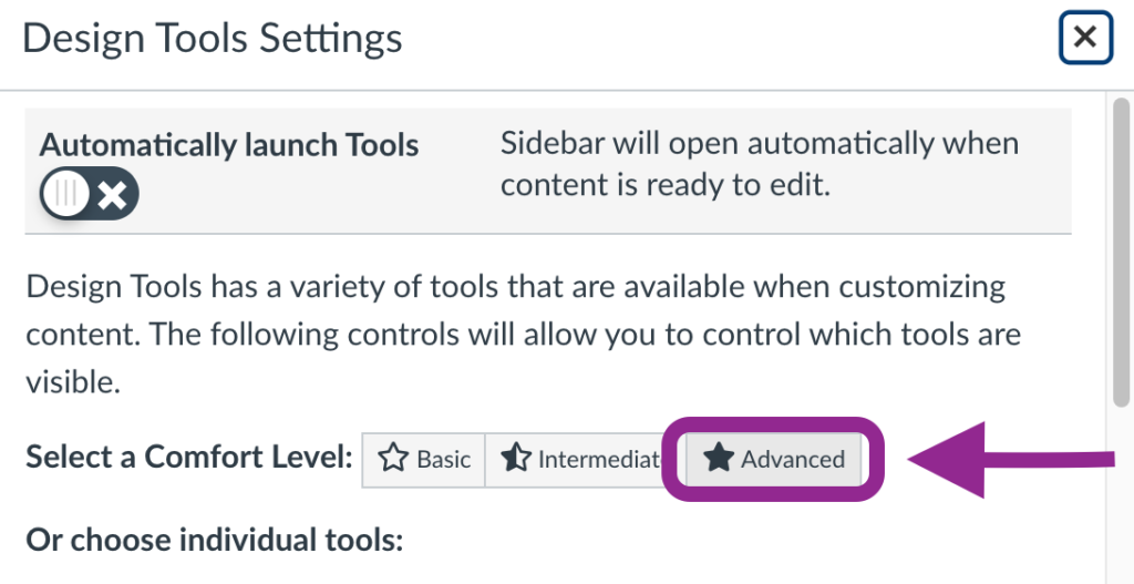 advanced comfort level option in the design tools settings