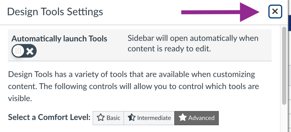 the design tools settings window 