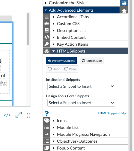 HTML Snippets and then design tools core snippets pull down menu.