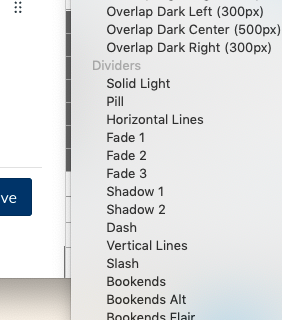 Partial list of divider, horizontal line, options in the snippet pull down menu.