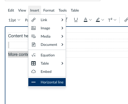 Choose insert and then horizontal line to insert a line to the page.