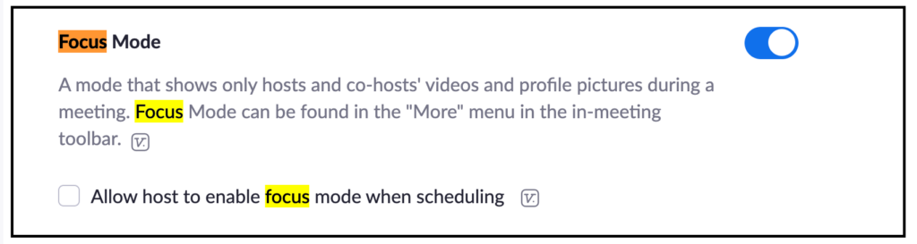 Ed Tech tip on Focus Mode. Focus mode shows only hosts and co-host's video in Zoom.