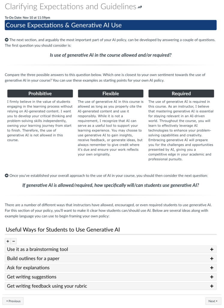 Course page design with headings, a bolded questions, three columns, and an accordion