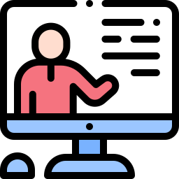 icon of computer monitor with instructor pointing at information on a whiteboard or screen