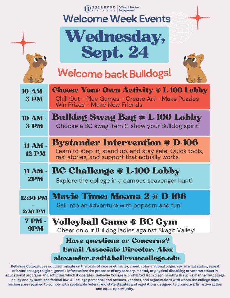 Join us for a Welcome Party in L100 every day this week from 10 AM – 3 PM! Chill out, play games, create art, make puzzles, win prizes, and make new friends!

In D106 we’ll offer First Quarter Success Workshops from 11 AM – 12 PM each day, Movies & Popcorn at 12:30 PM, and Social Activities from 1 – 3 PM.

Be sure to catch our Karaoke & Dance Party from 11 AM – 2 PM in L100 on Wednesday and Thursday and and equally spectacular Ping Pong Tournament on Friday (same time).

Also, just stop by L100 to snack with us from 11AM – 1 PM on Monday, Tuesday and Friday!

Major News: We’re cheering on the Bulldogs at their Volleyball home game against Skagit Valley on Wednesday at 7 PM in the BC Gym!