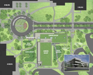 An architect’s rendering of the Health Sciences building site plan featuring two green roofs and multiple rain gardens. Inset is the northwest entry as featured on the cover