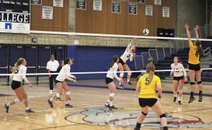 BC volleyball player Shea O’Brien delivers a shot against Shoreline