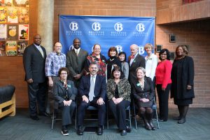 The WA State Supreme Court justices pose with members of Belleuve College's president's cabinet