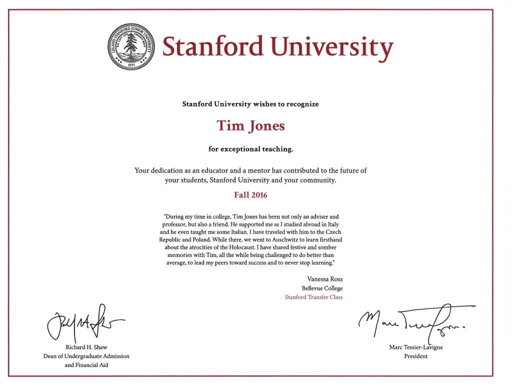 A certificate from Stanford University recognizing Dr. Tim Jones