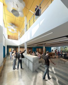 The facility will house a number of community spaces, including a lounge with a café on the first floor, as well as private study areas. Rendering courtesy of NAC.