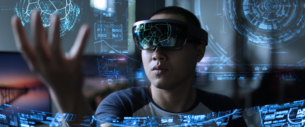 Photo of a student wearing VR glasses