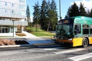 A bus in front of the residence hall