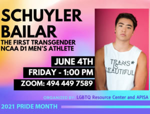 Meet Schuyler Bailar on Zoom Friday, June 4th at 1:00pm https://bellevuecollege.zoom.us/j/4944497589 Meeting ID: 494 449 7589