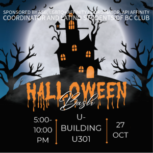 Halloween Bash poster with spooky haunted house in front of a full moon and gnarled trees. Friday Oct 27 5 - 10 PM in the Ballroom