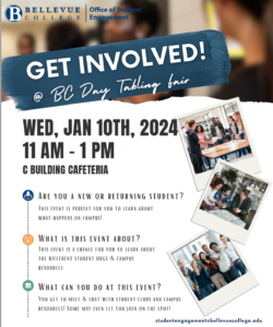 Poster for Get Involved Tabling Fair Weds, Jan. 10, 11 AM - 1 PM in the C Building Cafeteria