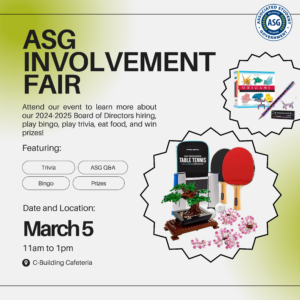 ASG Involvement Fair, March 5, 11 AM - 1 PM