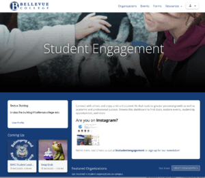 Screencap of Involve portal, showing iupcoming events and links to Forms, Organizations, and Resources
