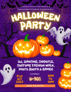 Halloween Party poster with ghosts, bats and pumpkins - Friday Oct. 31, 6 - 9 PM in U301