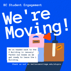 Illustration with we're moving text over decorative moving boxes in pink, light blue and brown on a bright blue background.