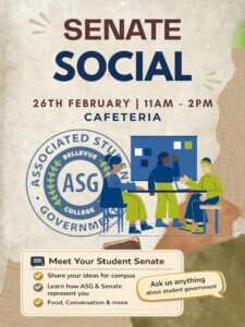 Senate Social with ASGBC seal and illustration of three students at a table in front of a blackboard. Senate Social Feb. 26, 11 AM - 2 PM in the Cafeteria