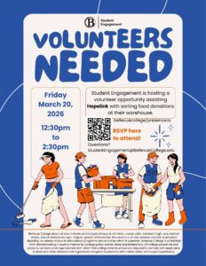Volunteers needed for Hopelink event, March 20, 12:30 - 2:30 PM, blue poster with illustrations of volunteers in blue, rust and beige clothing.