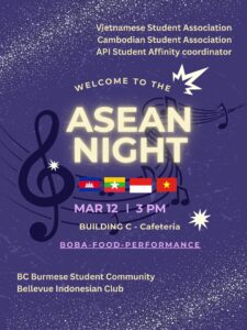 Purple poster with gold text and decorative embellishments and flags. Text ASEAN Night, March 12, 3 PM in the Cafeteria.