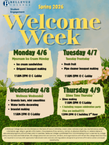 Welcome Week Spring 2026, April 6 - April 9 in the C Building Lobby and second floor, 11 AM - 2 PM
