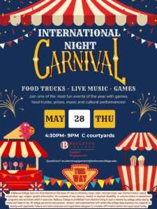 Carnival illustration on navy blue background with International Night Carnival event details.